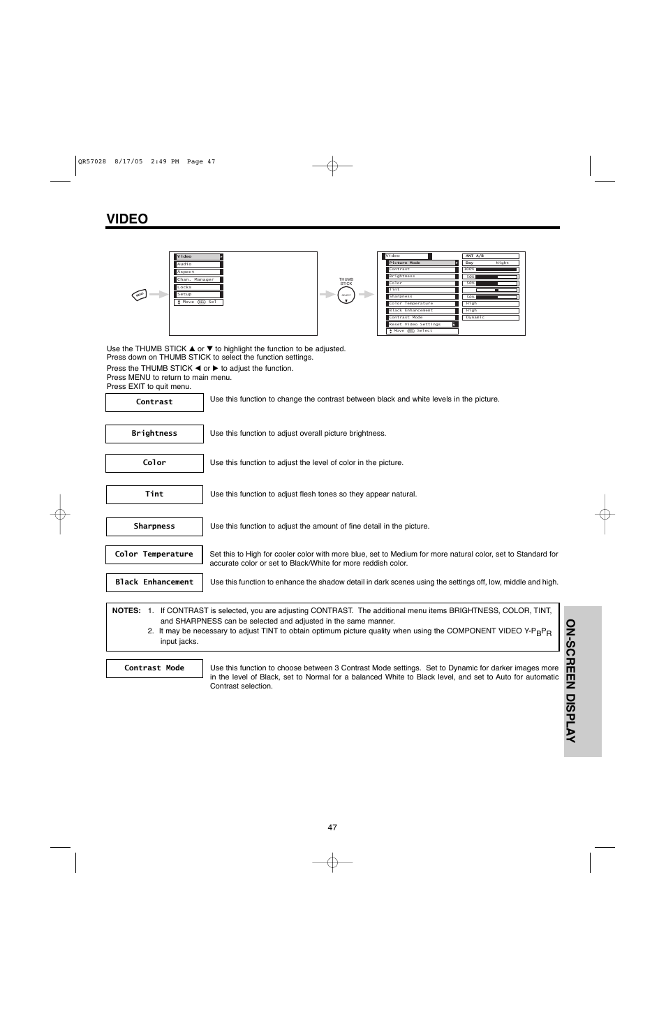 Video, On-screen displa y | Hitachi 50V500G User Manual | Page 47 / 84