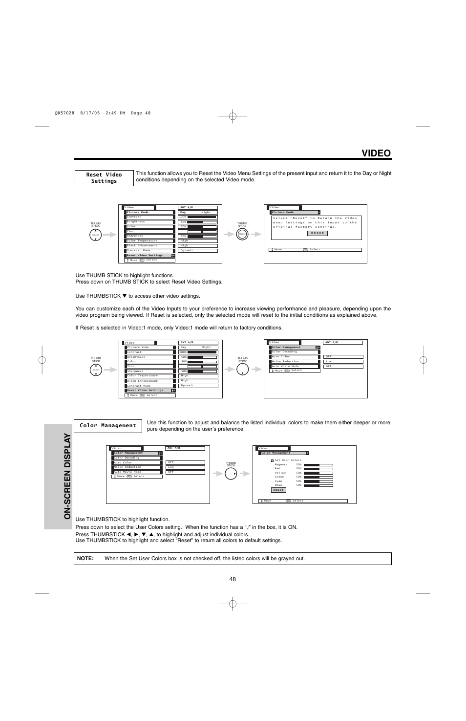 Video, On-screen displa y | Hitachi 50V500G User Manual | Page 48 / 84