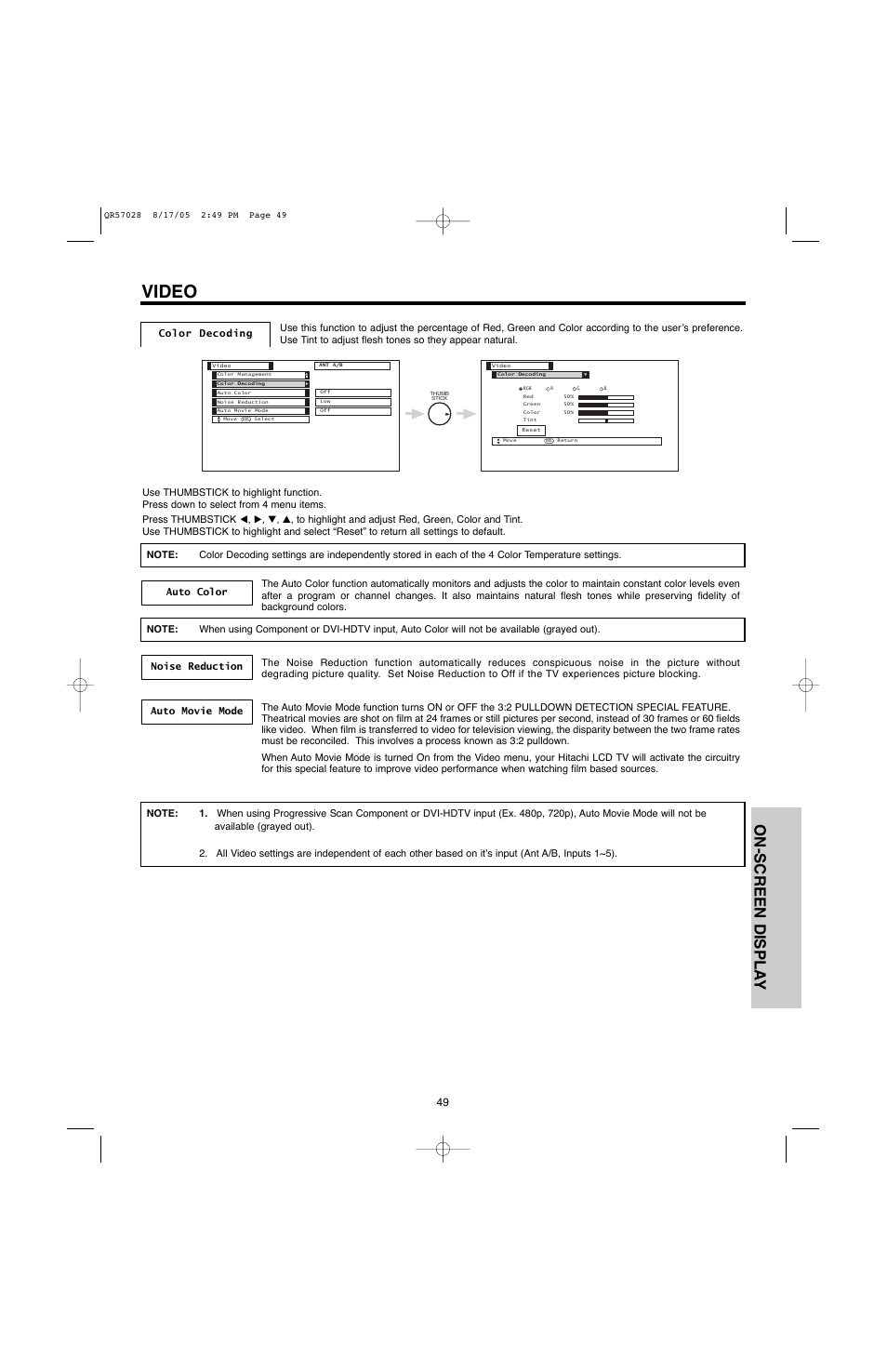 Video, On-screen displa y | Hitachi 50V500G User Manual | Page 49 / 84