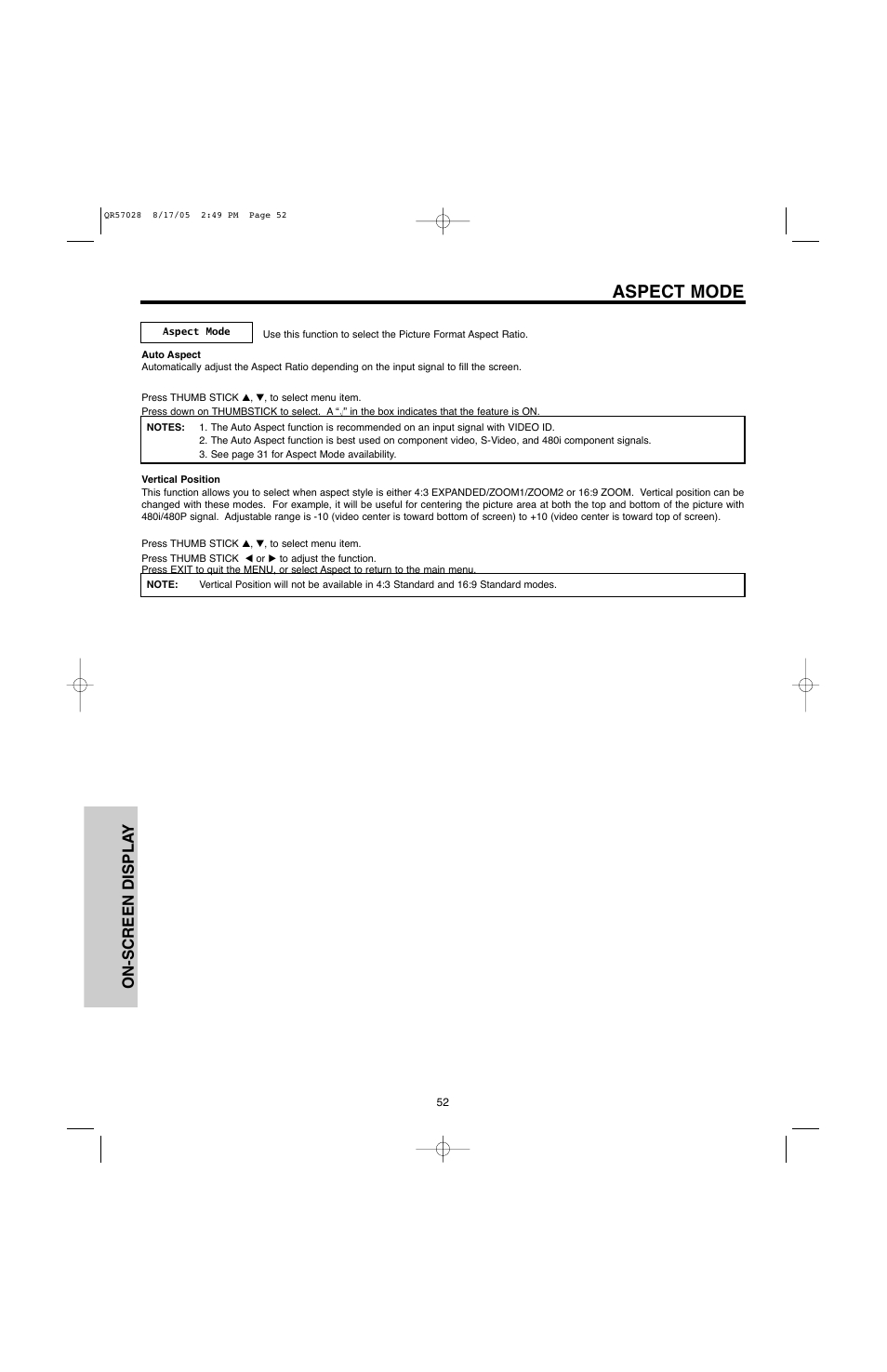 Aspect mode, On-screen displa y | Hitachi 50V500G User Manual | Page 52 / 84