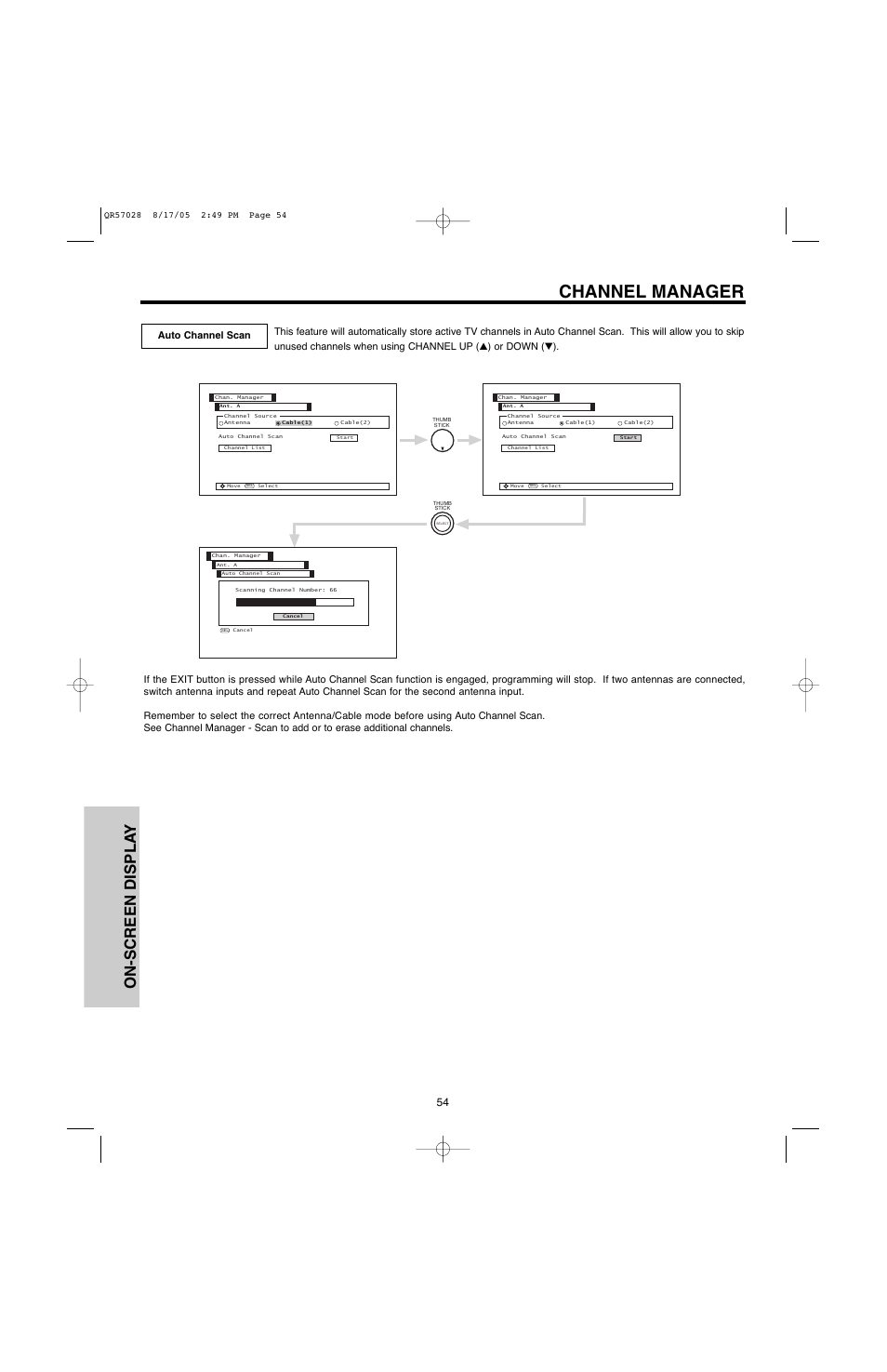 Channel manager, On-screen displa y | Hitachi 50V500G User Manual | Page 54 / 84