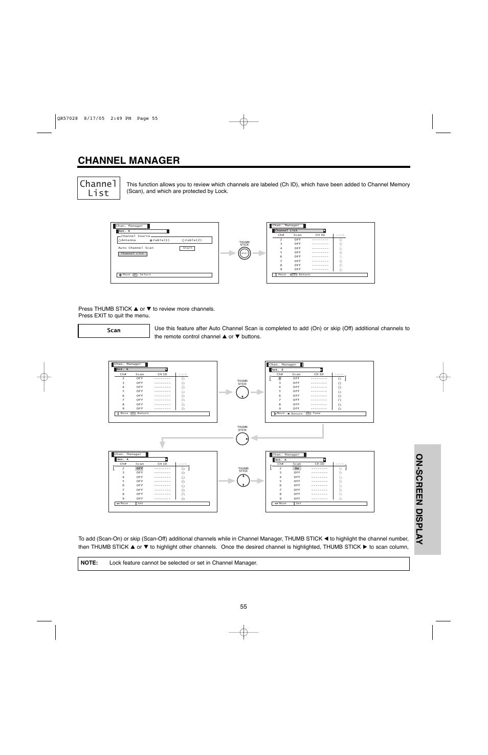 Channel manager, Channel list, On-screen displa y | Hitachi 50V500G User Manual | Page 55 / 84