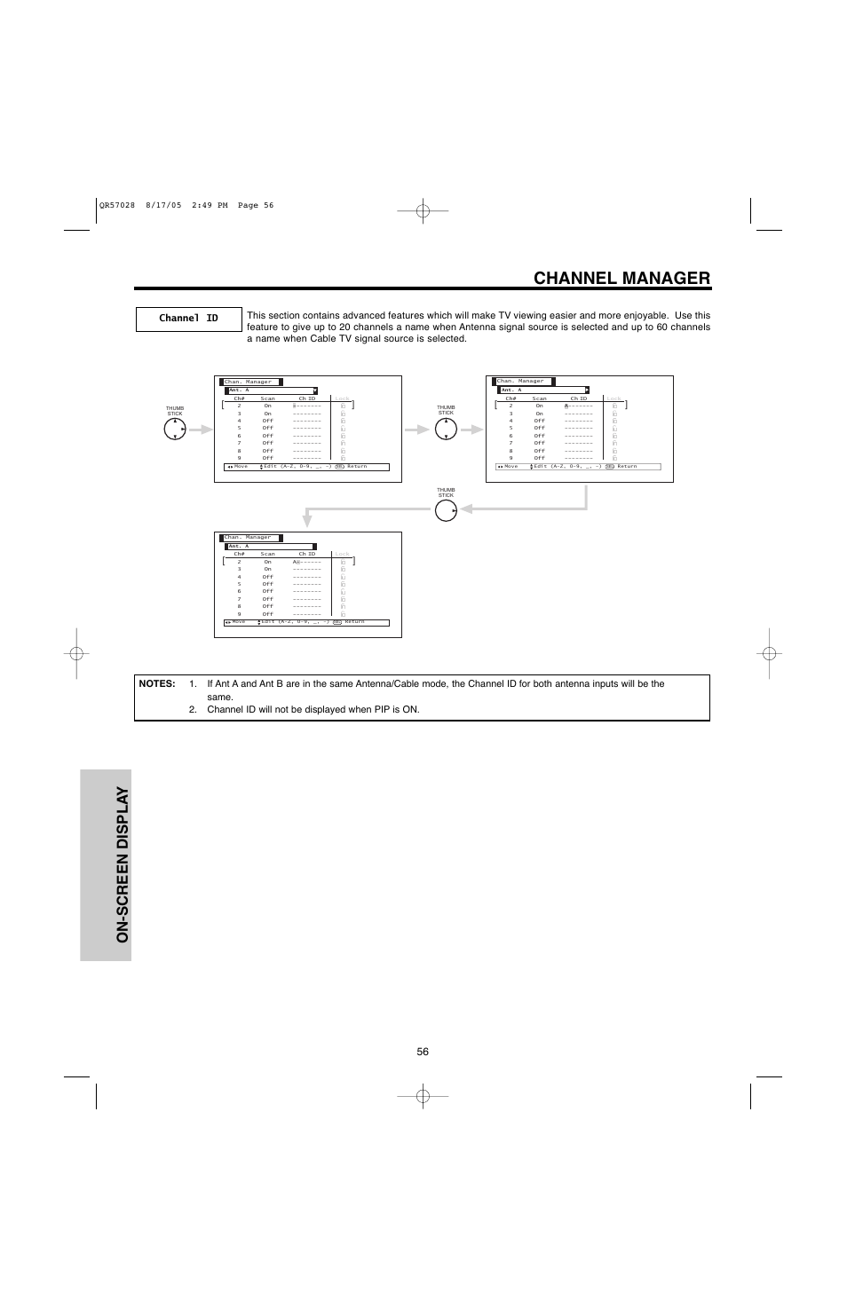 Channel manager, On-screen displa y | Hitachi 50V500G User Manual | Page 56 / 84