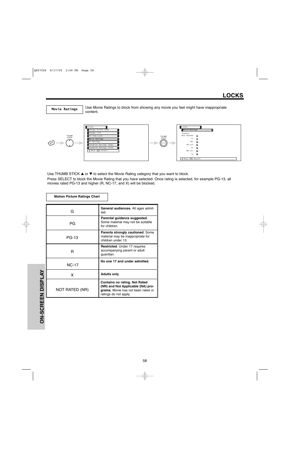 Locks, On-screen displa y, Gpg pg-13 r nc-17 x not rated (nr) | Hitachi 50V500G User Manual | Page 58 / 84