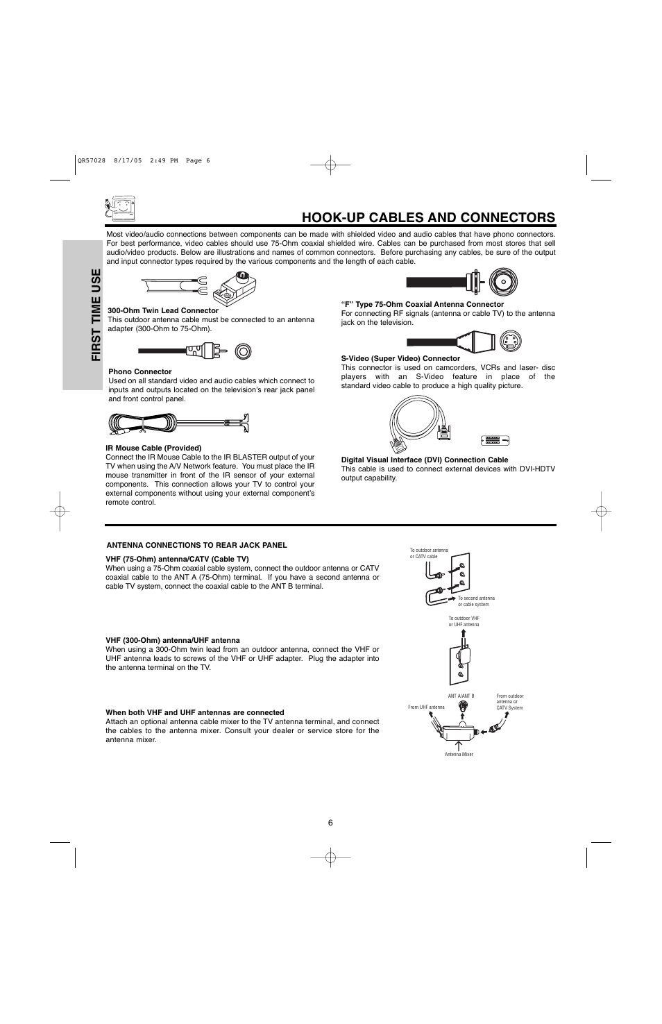 Hook-up cables and connectors, First time use | Hitachi 50V500G User Manual | Page 6 / 84