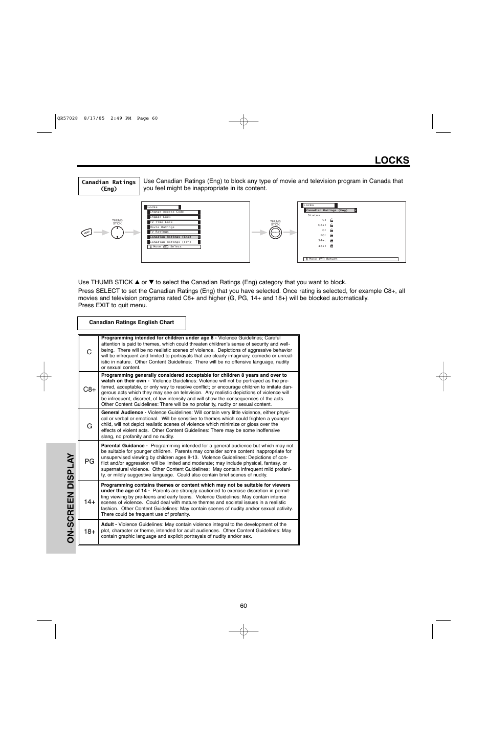 Locks, On-screen displa y | Hitachi 50V500G User Manual | Page 60 / 84