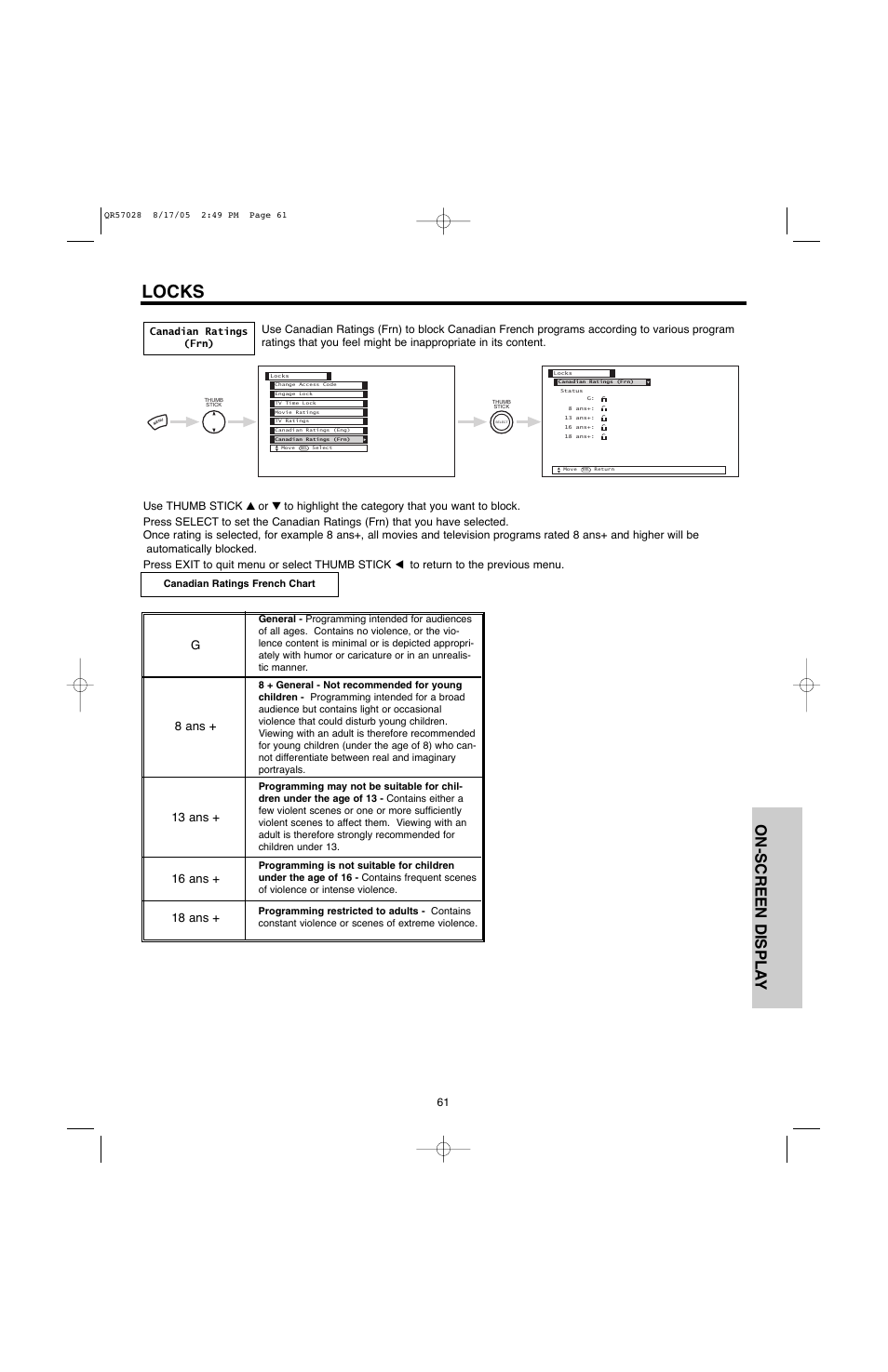 Locks, On-screen displa y | Hitachi 50V500G User Manual | Page 61 / 84