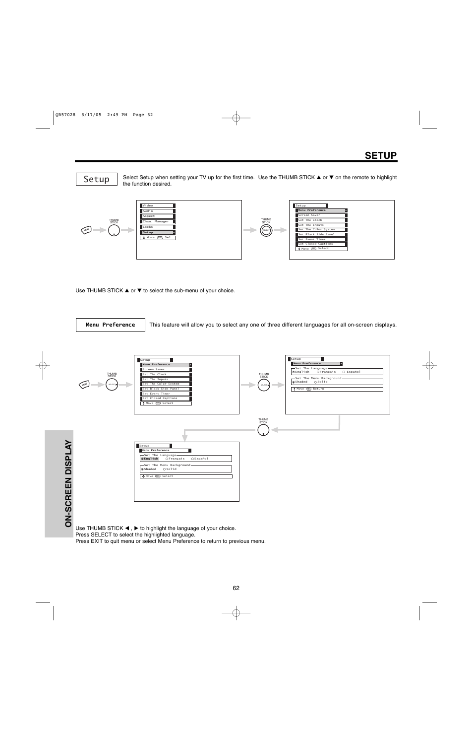 Setup, On-screen displa y | Hitachi 50V500G User Manual | Page 62 / 84