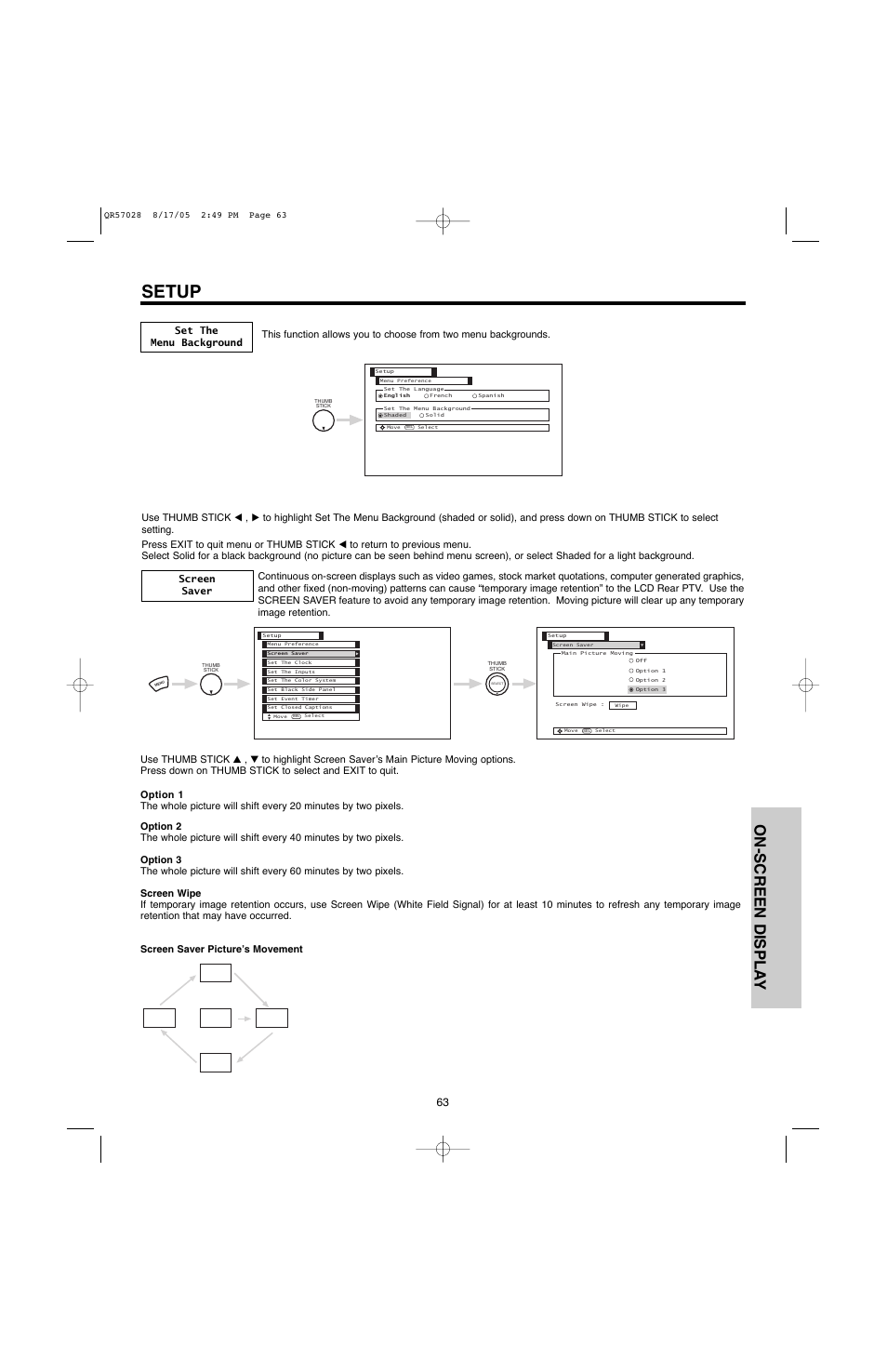 Setup, On-screen displa y | Hitachi 50V500G User Manual | Page 63 / 84