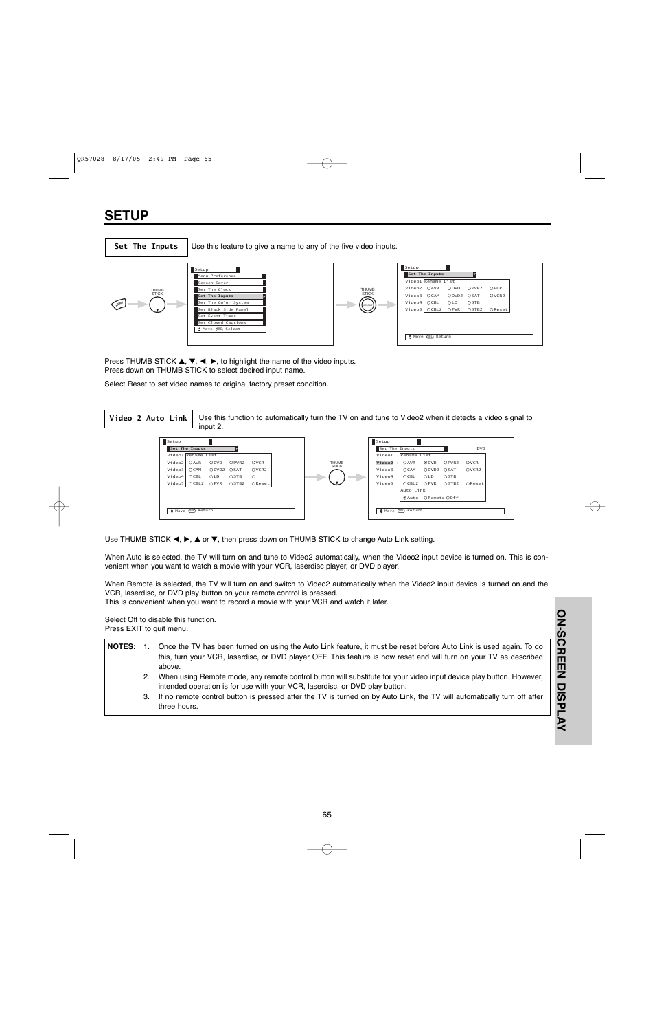 Setup, On-screen displa y | Hitachi 50V500G User Manual | Page 65 / 84