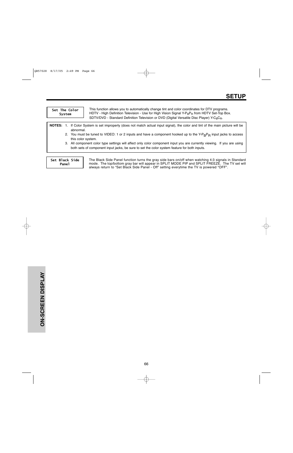 Setup, On-screen displa y | Hitachi 50V500G User Manual | Page 66 / 84