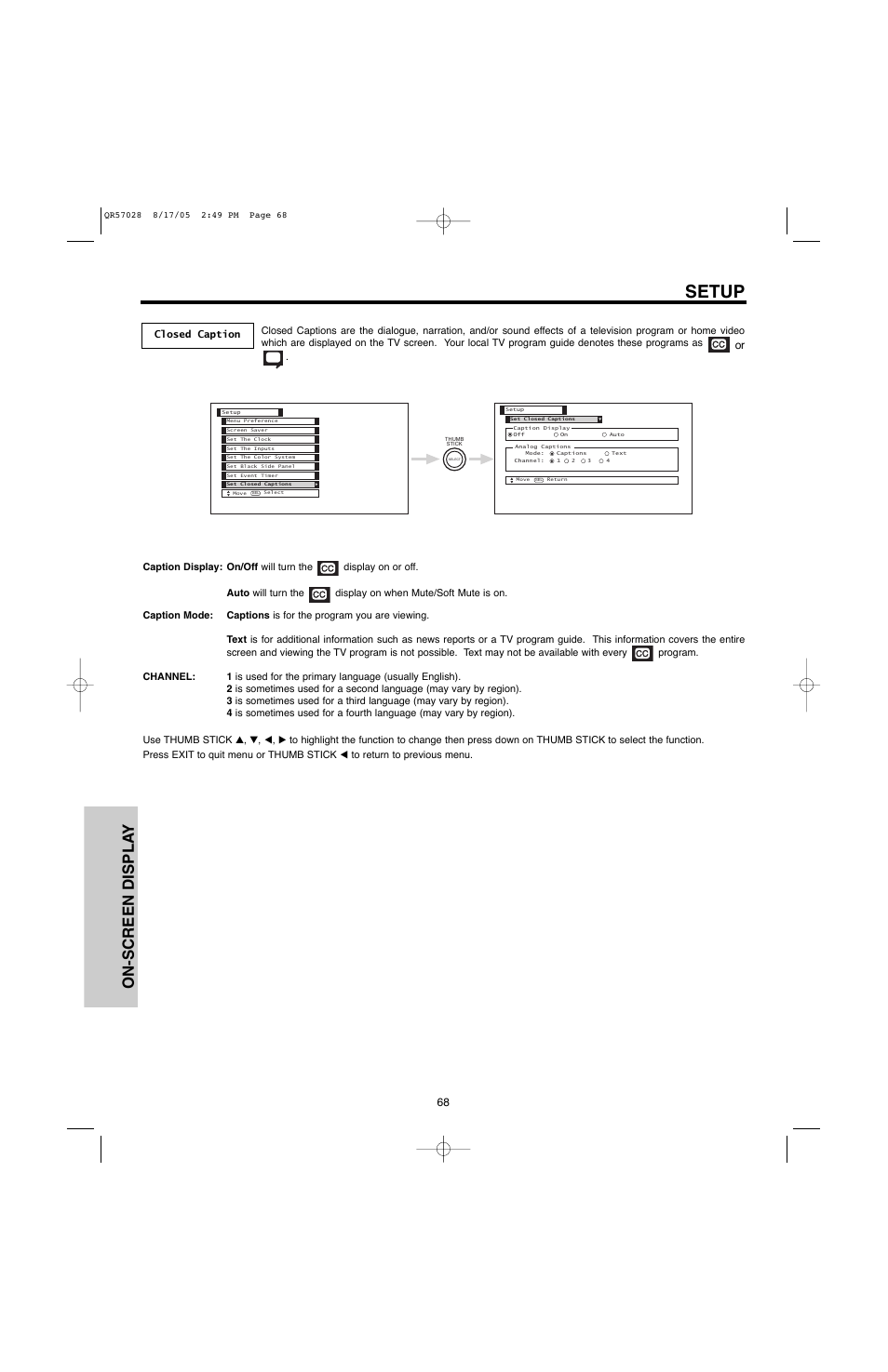 Setup, On-screen displa y | Hitachi 50V500G User Manual | Page 68 / 84