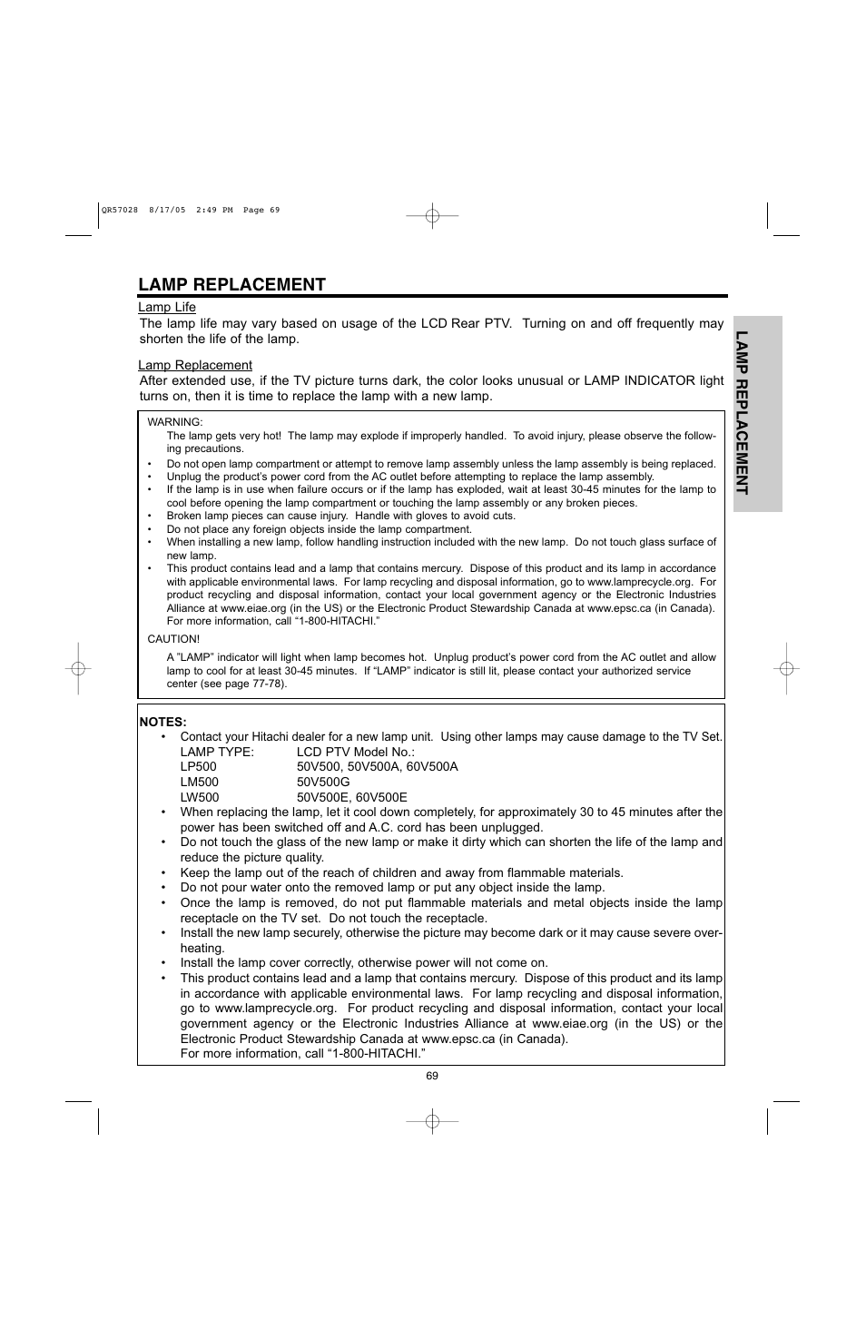 Lamp replacement | Hitachi 50V500G User Manual | Page 69 / 84