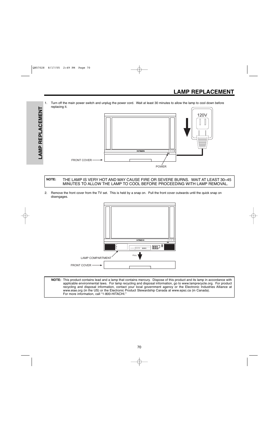 Lamp replacement | Hitachi 50V500G User Manual | Page 70 / 84