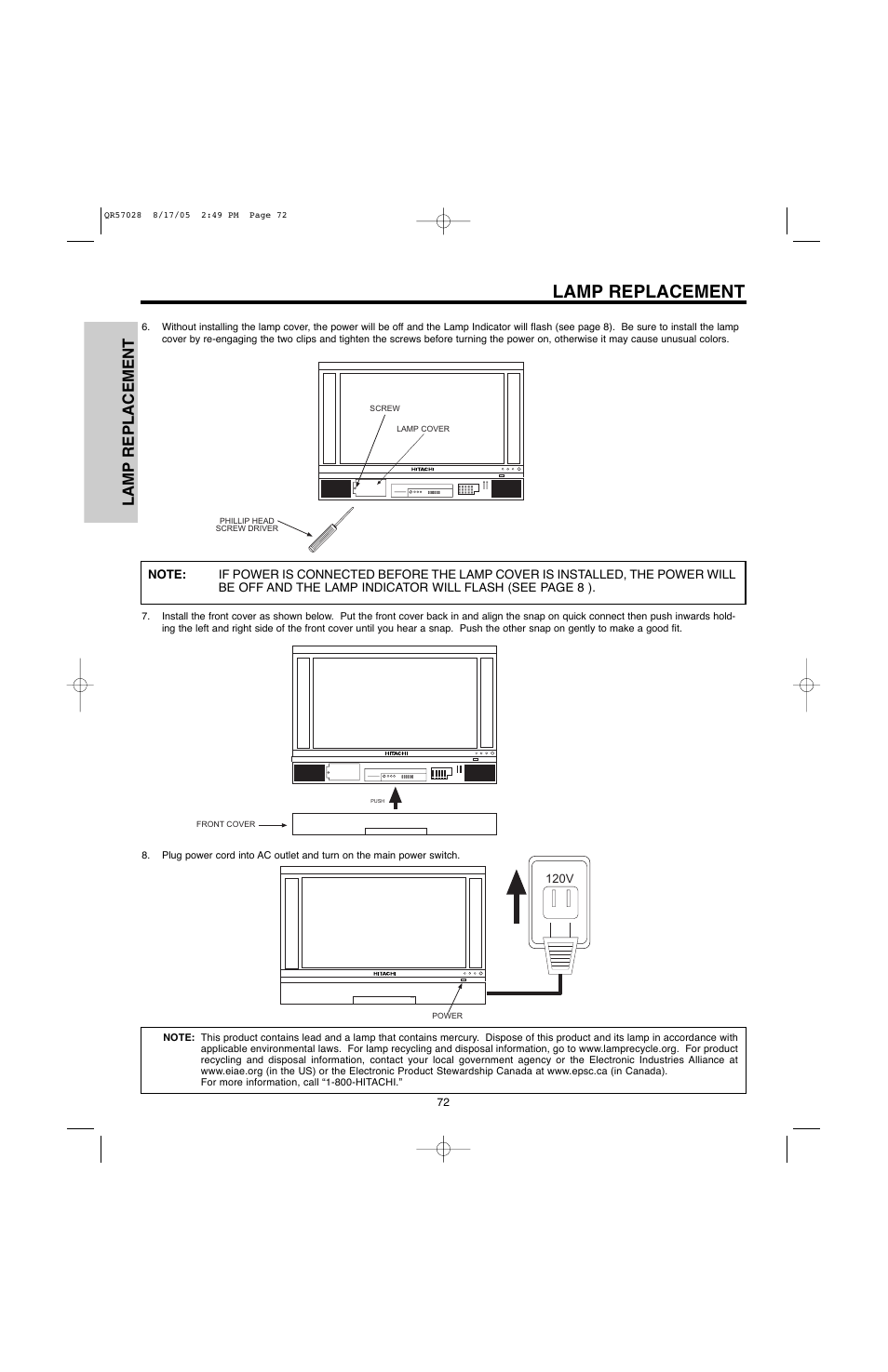 Lamp replacement | Hitachi 50V500G User Manual | Page 72 / 84