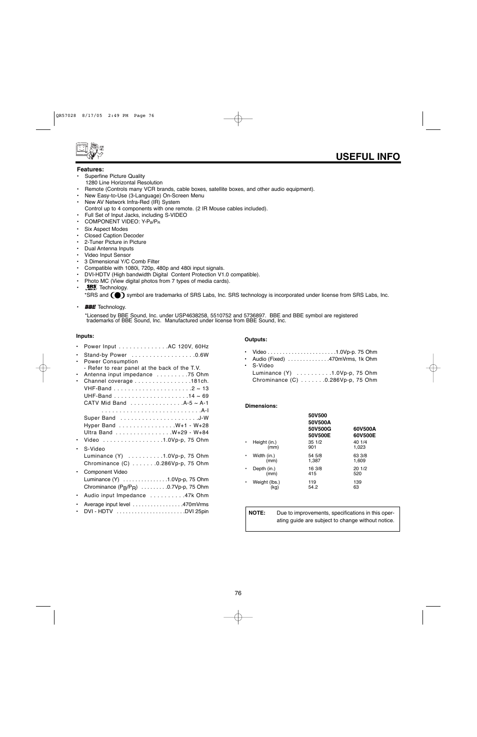 Useful info | Hitachi 50V500G User Manual | Page 76 / 84