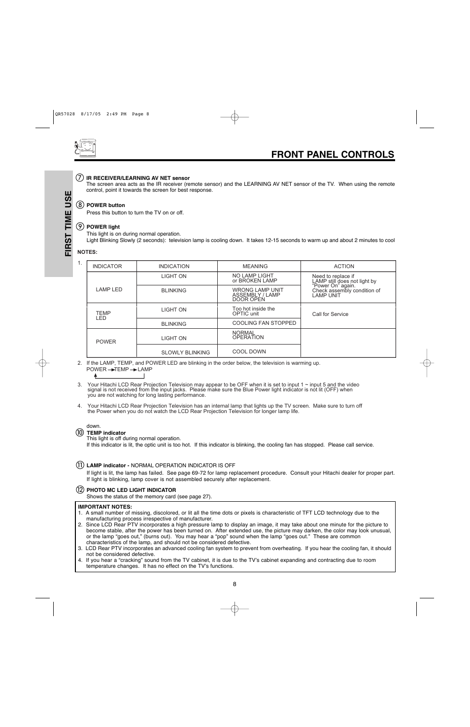 Front panel controls, First time use ቨ | Hitachi 50V500G User Manual | Page 8 / 84