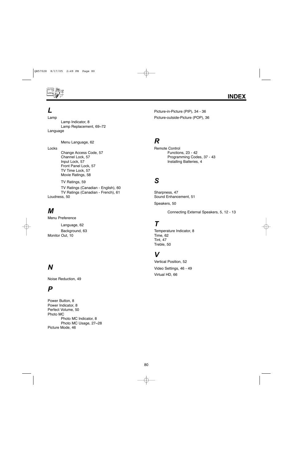 Index | Hitachi 50V500G User Manual | Page 80 / 84