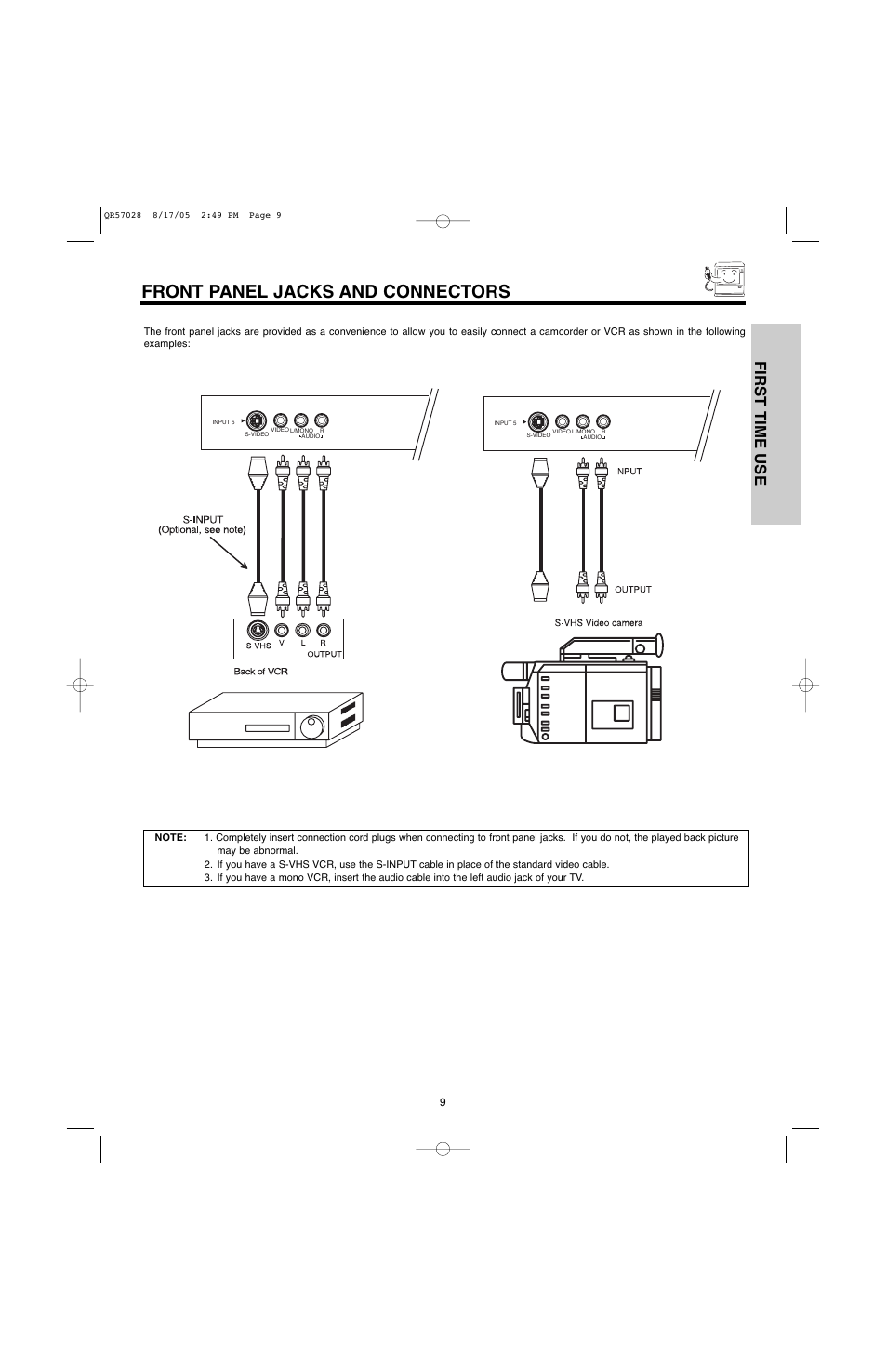 Front panel jacks and connectors, First time use | Hitachi 50V500G User Manual | Page 9 / 84