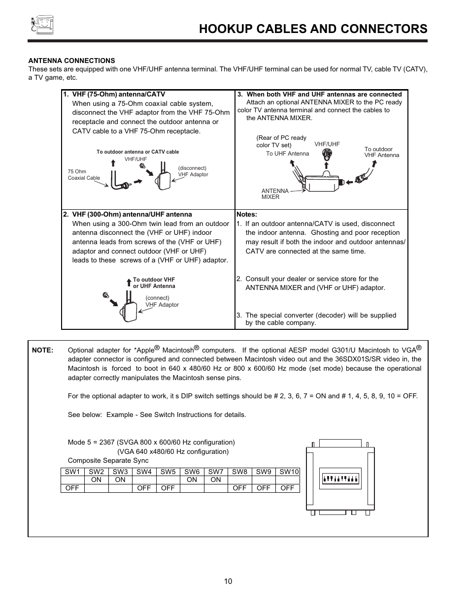 Hookup cables and connectors | Hitachi 36SDX01SR User Manual | Page 10 / 80