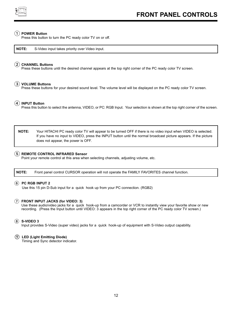 Front panel controls | Hitachi 36SDX01SR User Manual | Page 12 / 80