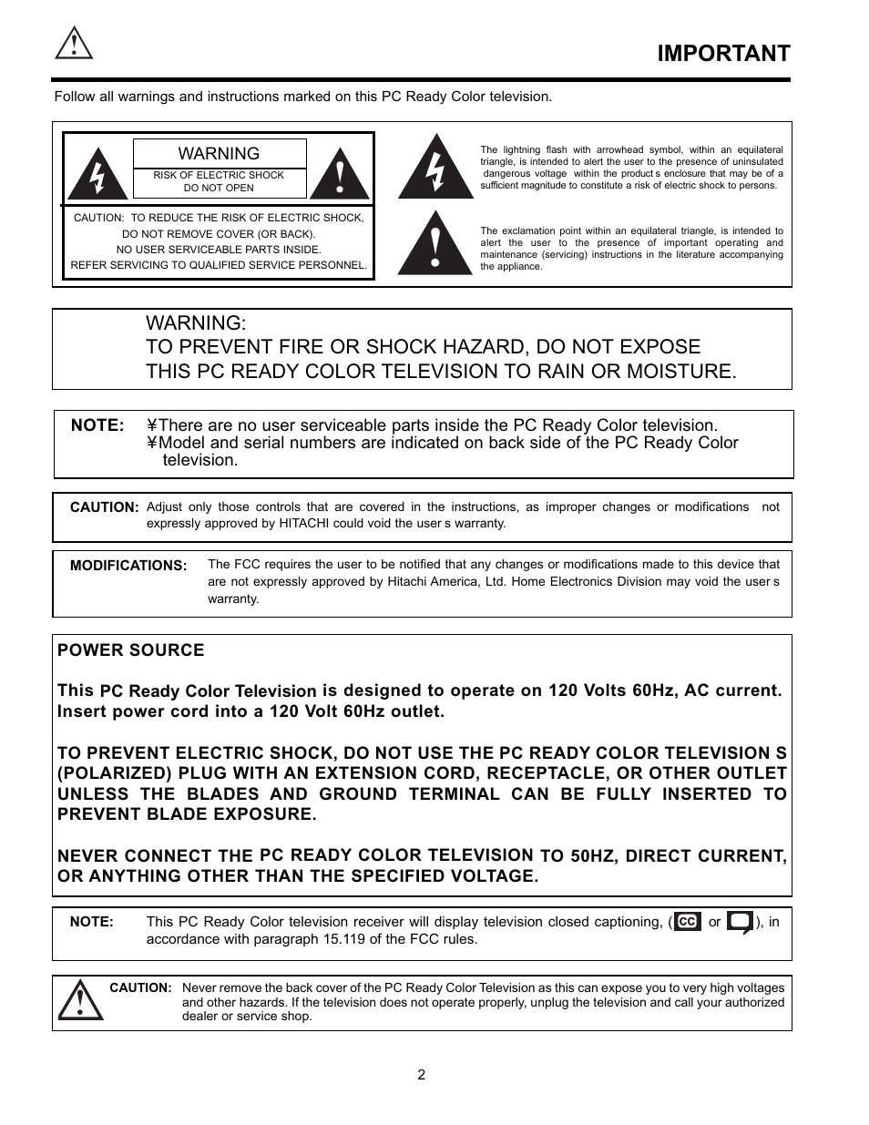 Important | Hitachi 36SDX01SR User Manual | Page 2 / 80