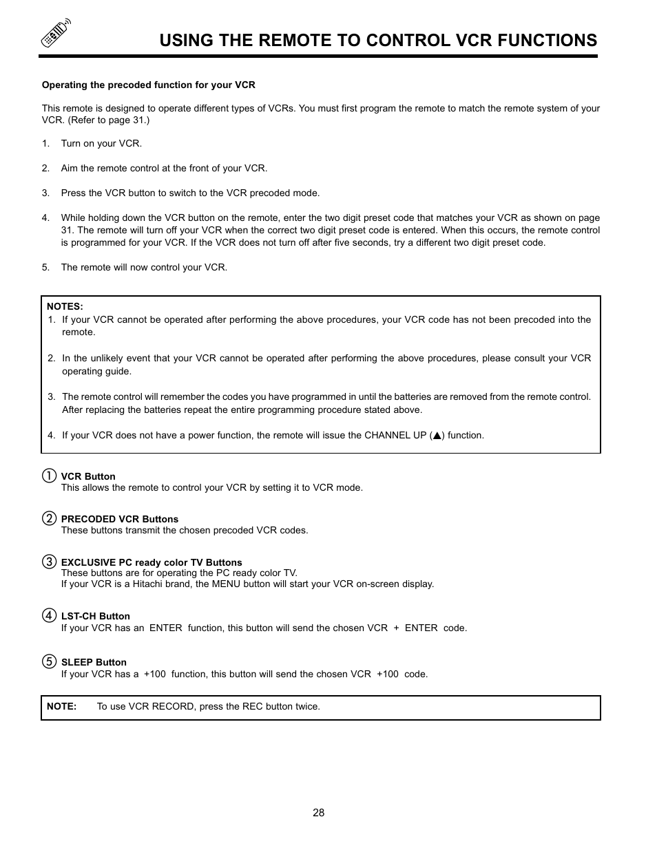 Using the remote to control vcr functions | Hitachi 36SDX01SR User Manual | Page 28 / 80