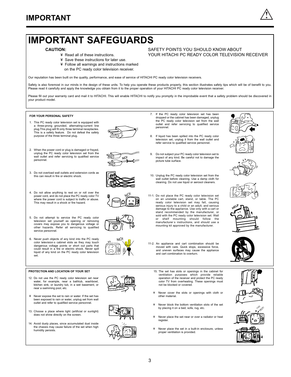 Important safeguards, Important, Caution: safety points you should know about | Your hitachi pc ready color television receiver | Hitachi 36SDX01SR User Manual | Page 3 / 80