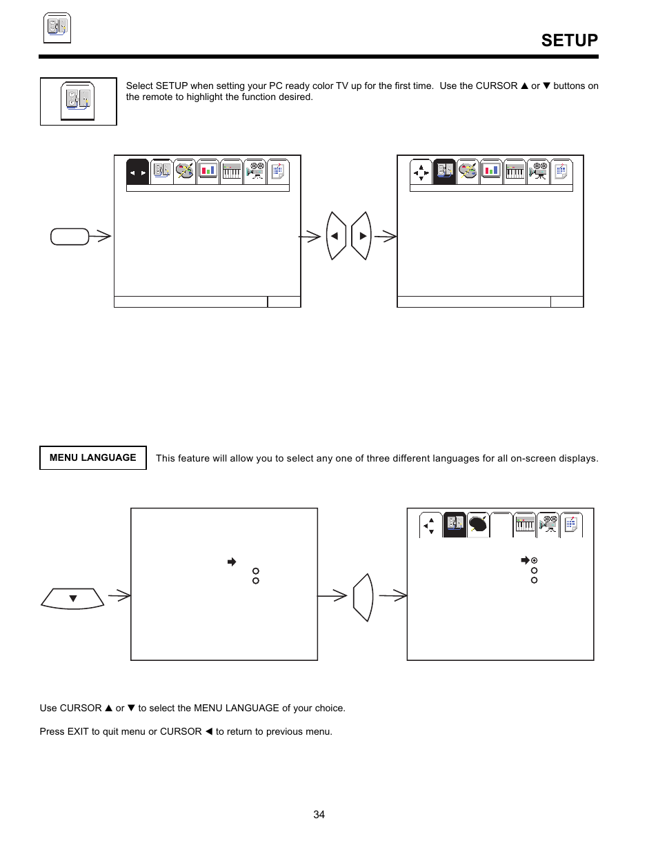 Setup, Cursor menu, Cursor | Hitachi 36SDX01SR User Manual | Page 34 / 80