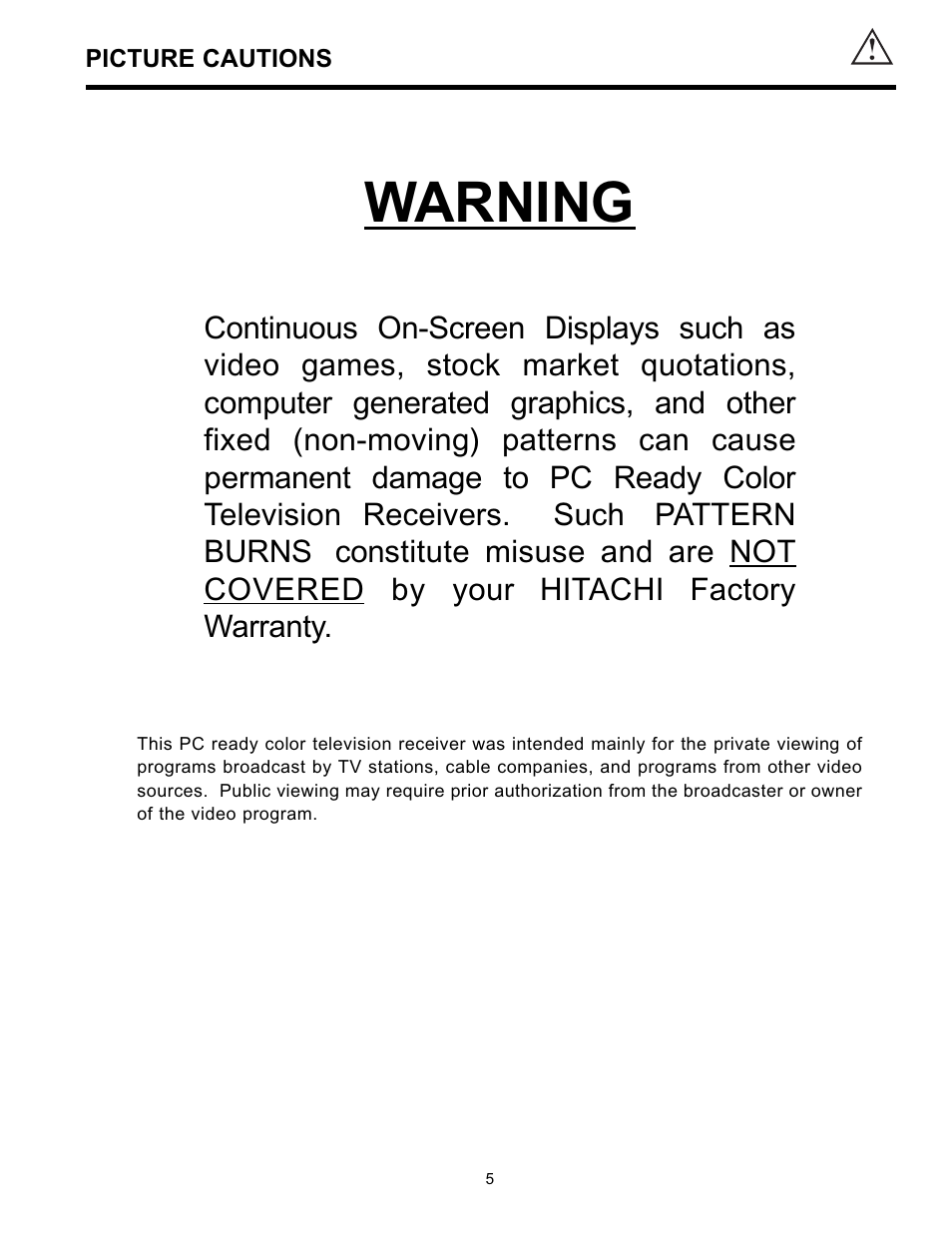 Warning | Hitachi 36SDX01SR User Manual | Page 5 / 80