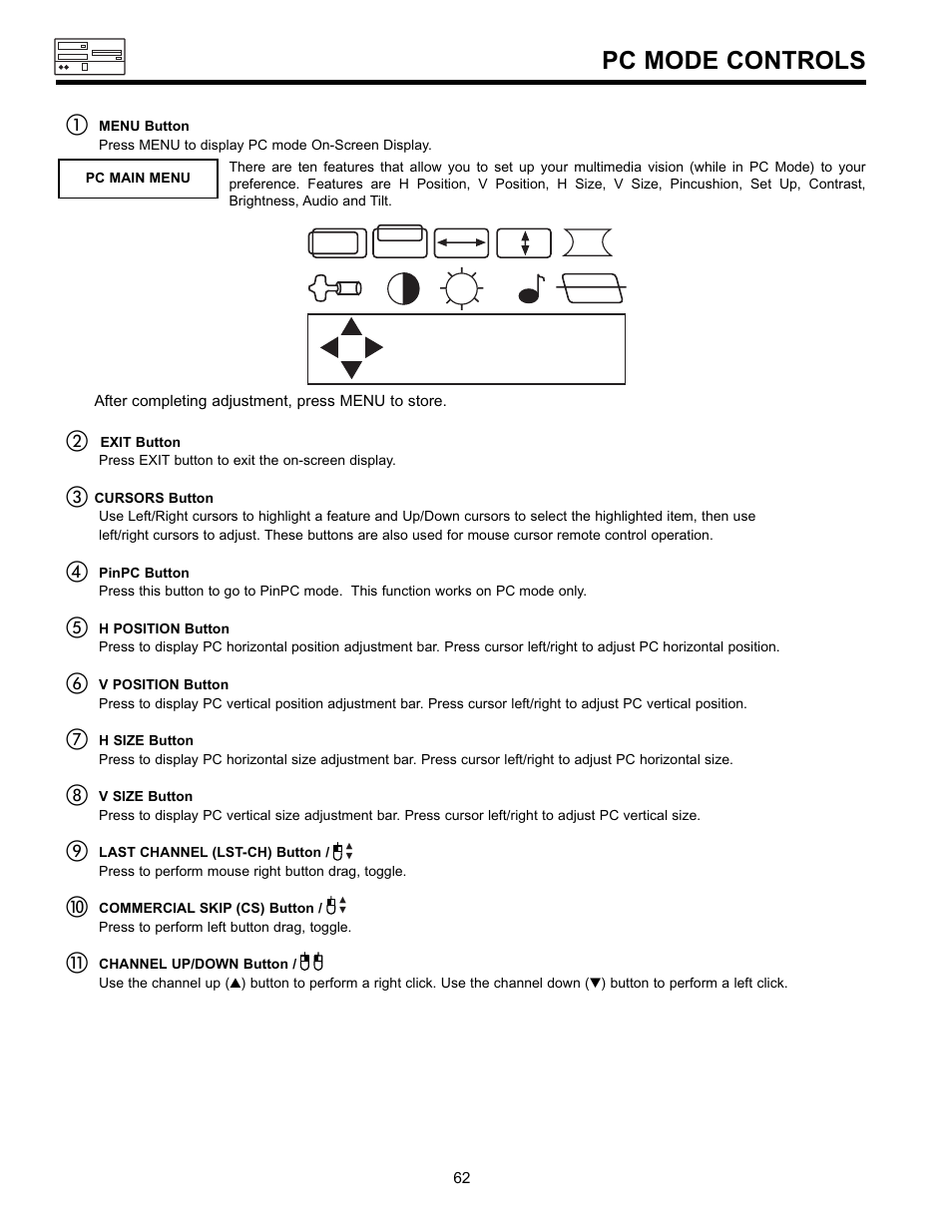 Pc mode controls | Hitachi 36SDX01SR User Manual | Page 62 / 80