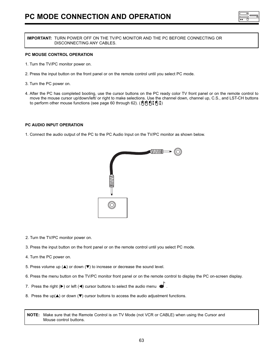 Pc mode connection and operation, Back of pc tv input terminal | Hitachi 36SDX01SR User Manual | Page 63 / 80