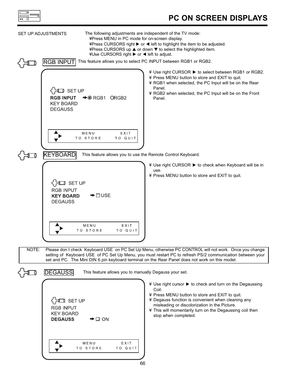 Pc on screen displays | Hitachi 36SDX01SR User Manual | Page 66 / 80