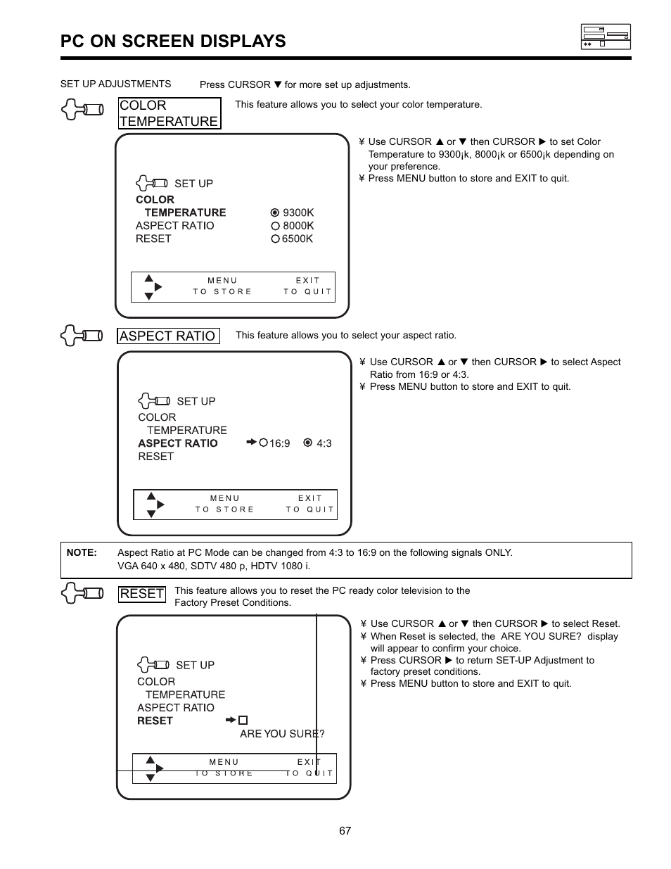 Pc on screen displays | Hitachi 36SDX01SR User Manual | Page 67 / 80