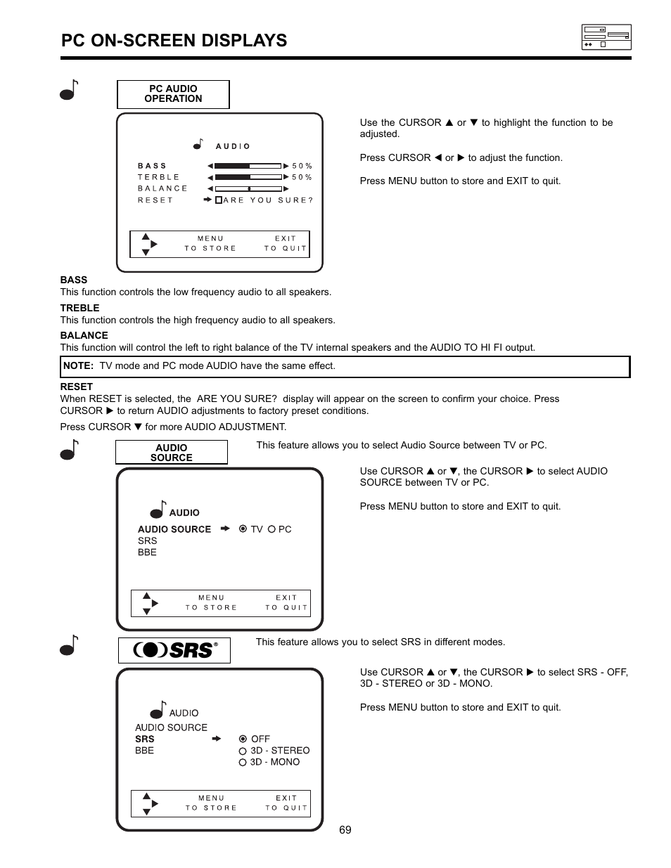 Pc on-screen displays | Hitachi 36SDX01SR User Manual | Page 69 / 80