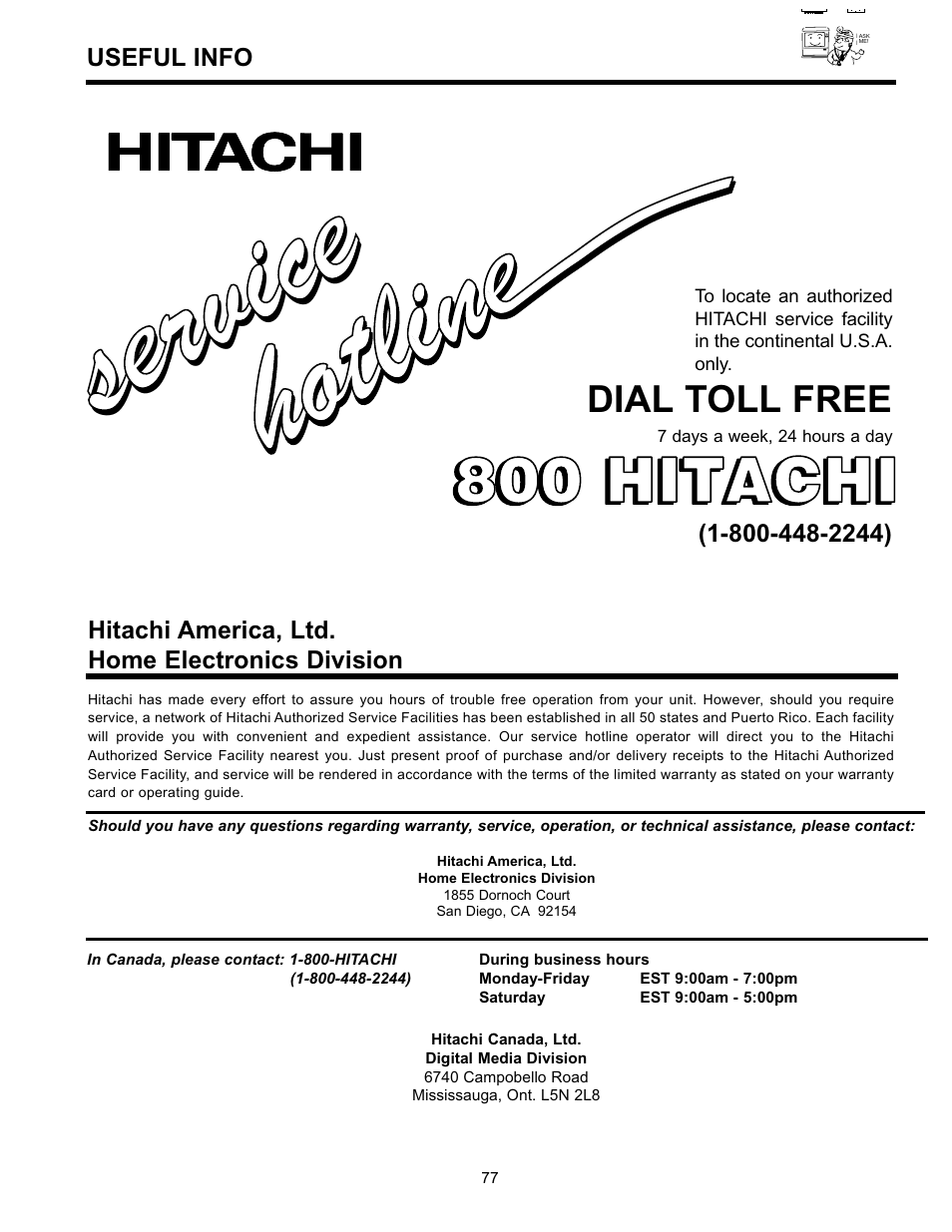 Service ser vic e, 800 hitachi, Dial toll free | Hitachi 36SDX01SR User Manual | Page 77 / 80