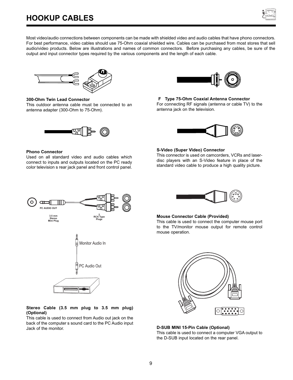 Hookup cables | Hitachi 36SDX01SR User Manual | Page 9 / 80