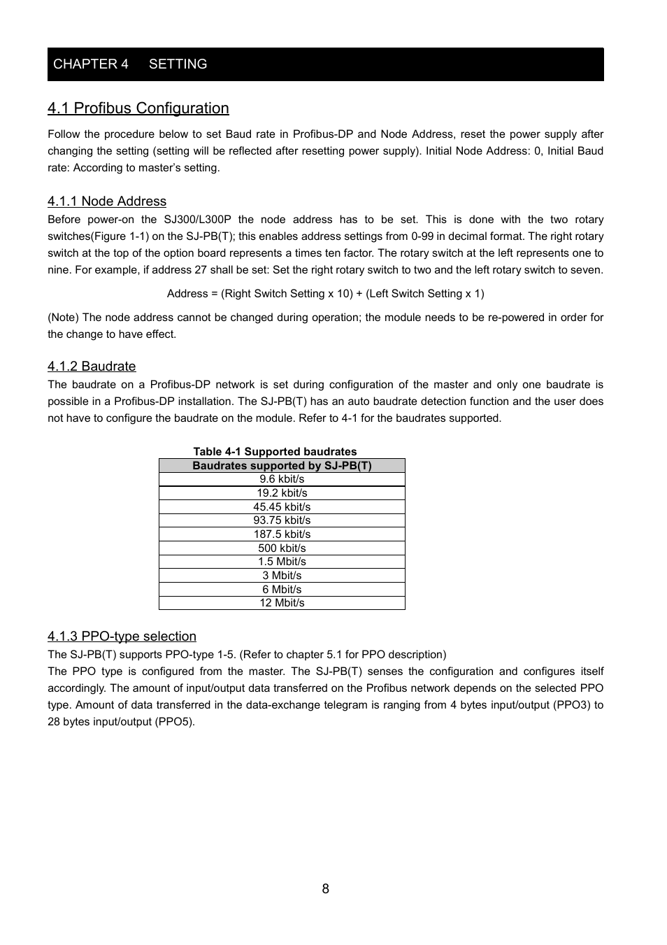 1 profibus configuration, 1 node address, 2 baudrate | 3 ppo-type selection | Hitachi SJ-PB(T) User Manual | Page 12 / 35