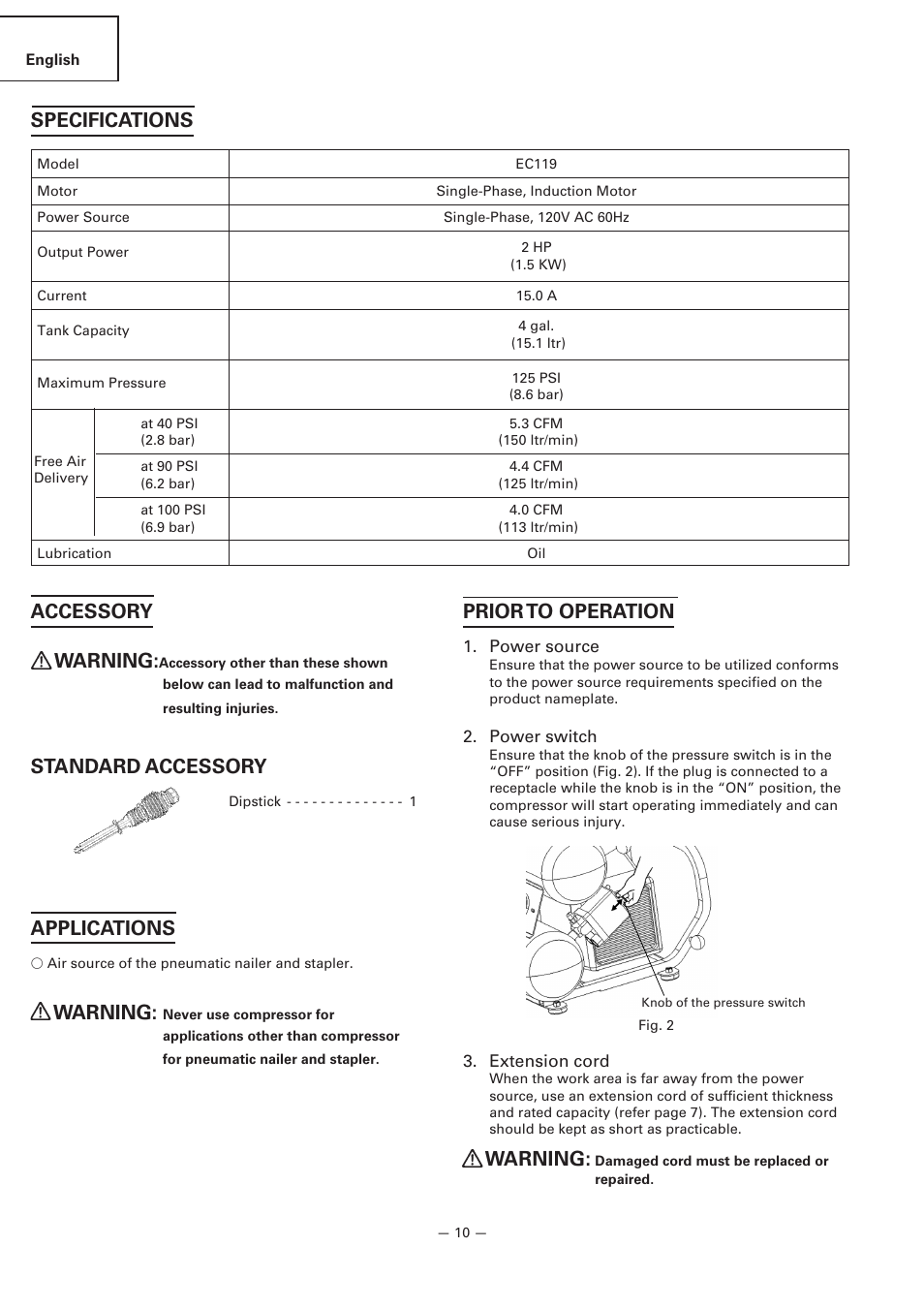Prior to operation, Warning, Specifications | Accessory, Standard accessory, Applications | Hitachi EC119 OM User Manual | Page 10 / 40