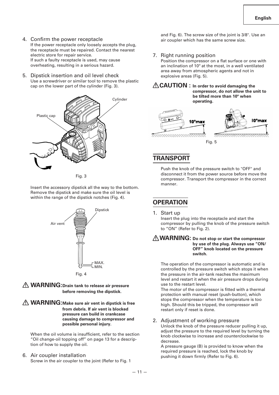 Warning, Caution, Transport | Operation | Hitachi EC119 OM User Manual | Page 11 / 40