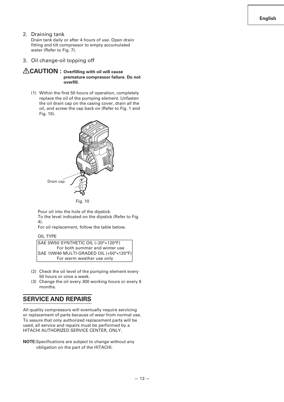 Caution, Service and repairs | Hitachi EC119 OM User Manual | Page 13 / 40