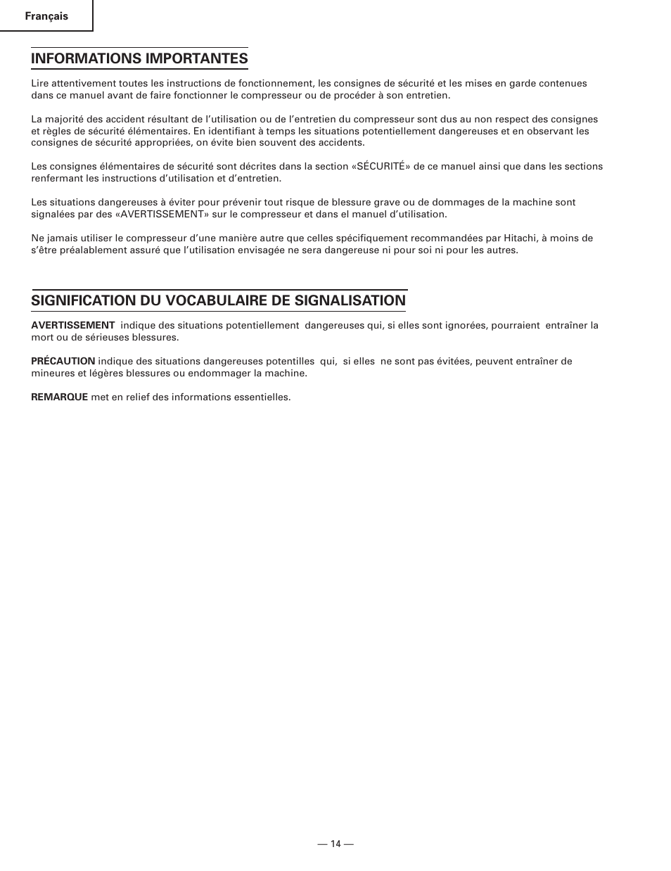 Informations importantes, Signification du vocabulaire de signalisation | Hitachi EC119 OM User Manual | Page 14 / 40