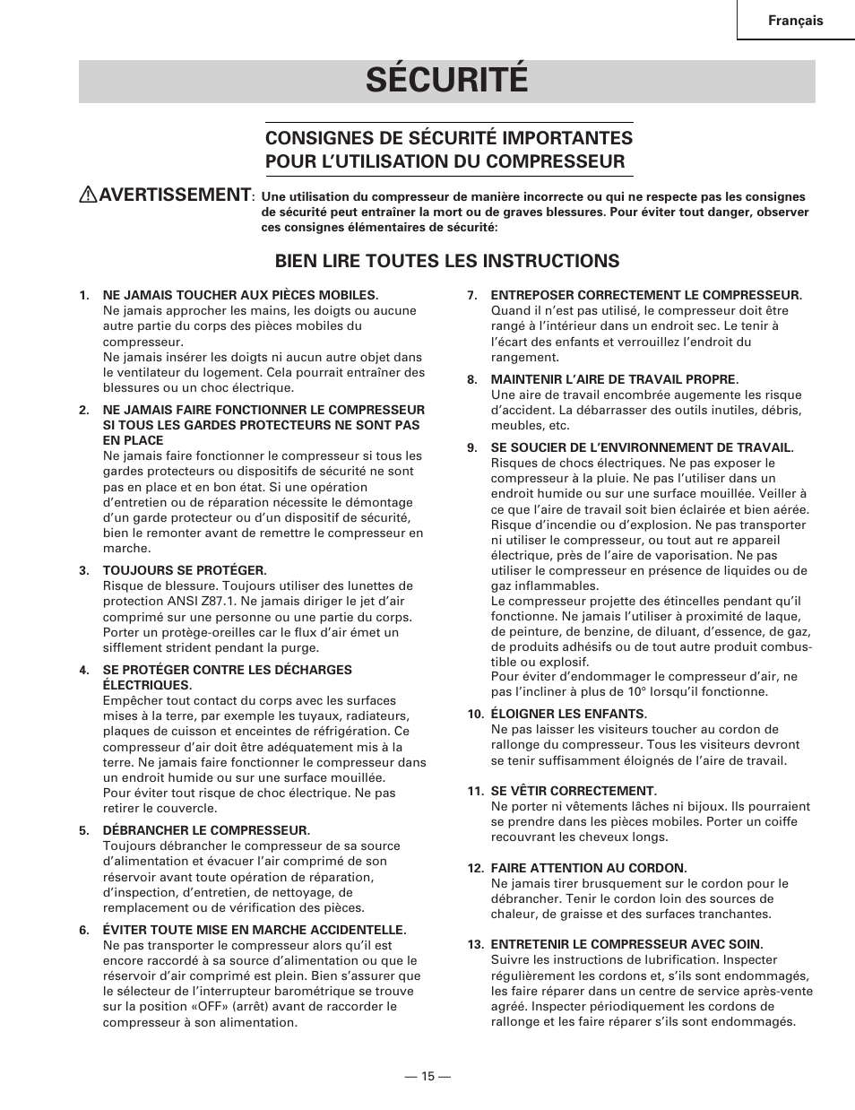 Sécurité, Bien lire toutes les instructions | Hitachi EC119 OM User Manual | Page 15 / 40