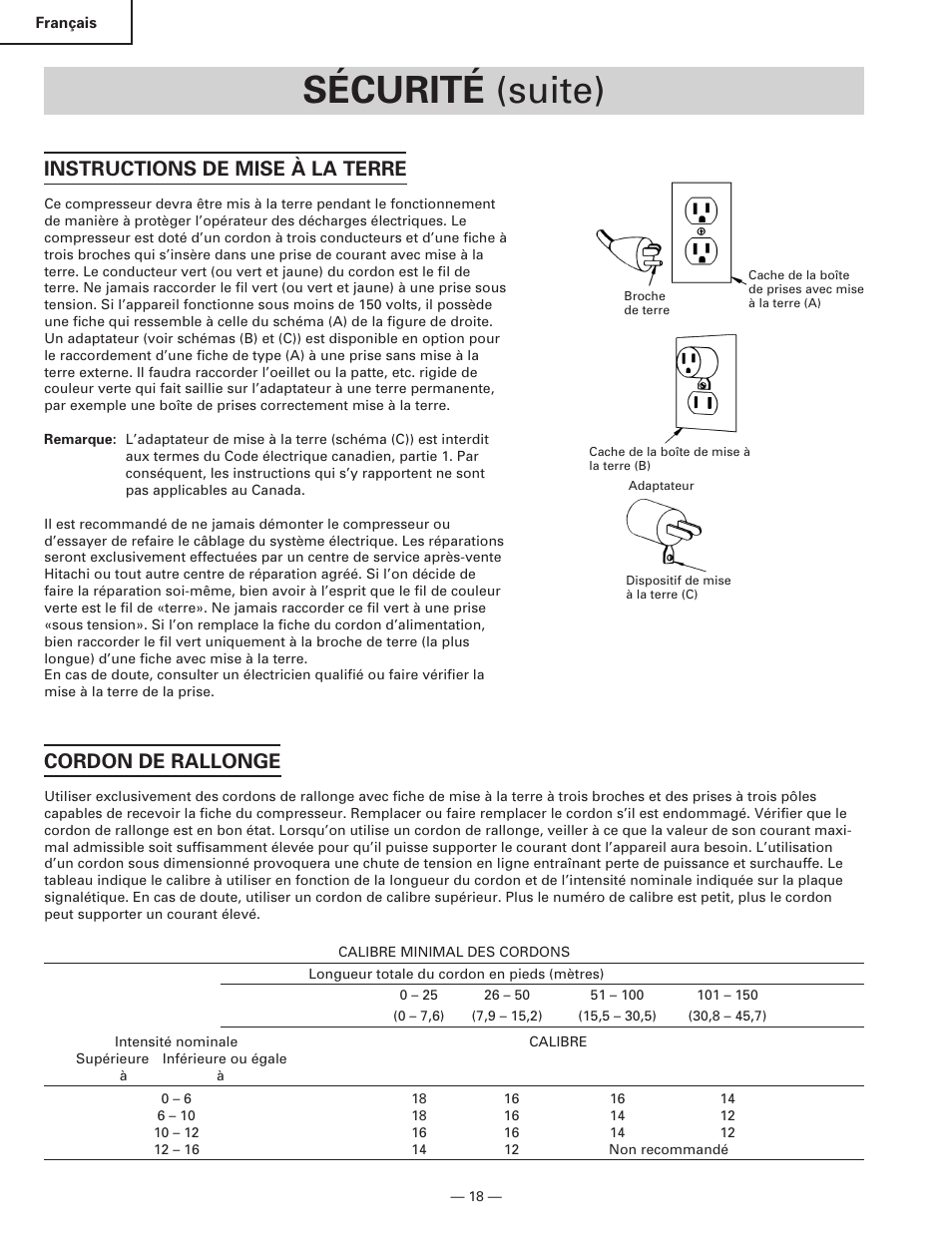 Sécurité (suite), Instructions de mise à la terre, Cordon de rallonge | Hitachi EC119 OM User Manual | Page 18 / 40