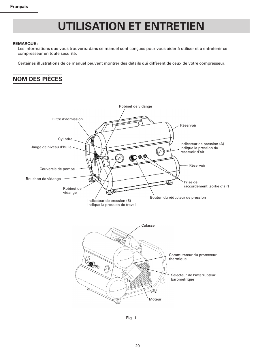 Utilisation et entretien, Nom des pièces | Hitachi EC119 OM User Manual | Page 20 / 40