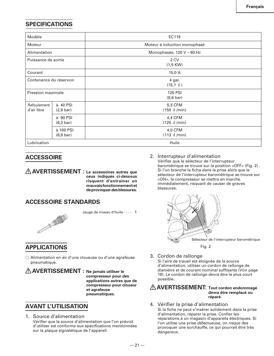 Specifications, Accessoire avertissement, Accessoire standards | Applications, Avertissement, Avant l’utilisation | Hitachi EC119 OM User Manual | Page 21 / 40