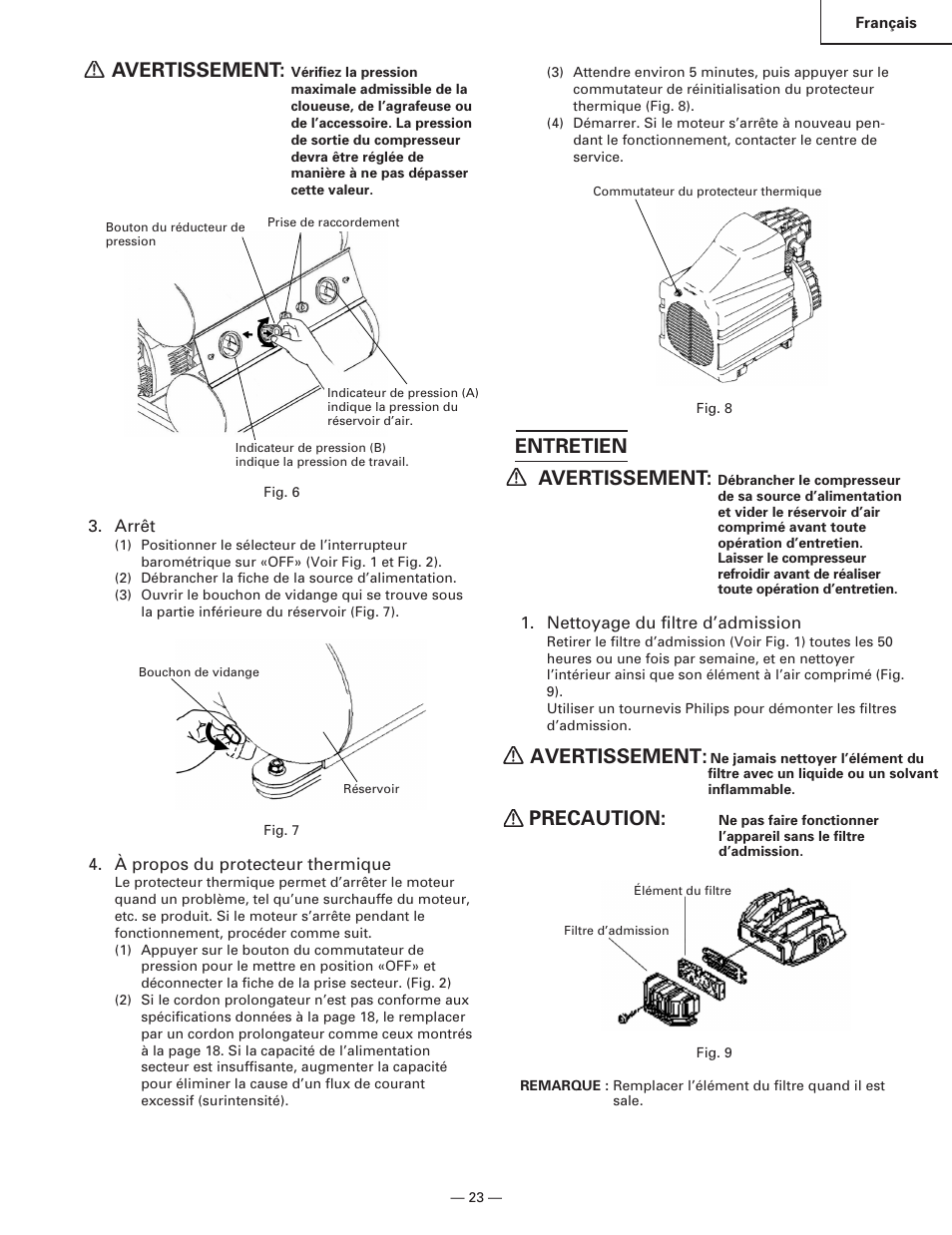 Avertissement, Entretien avertissement, Precaution: avertissement | Hitachi EC119 OM User Manual | Page 23 / 40