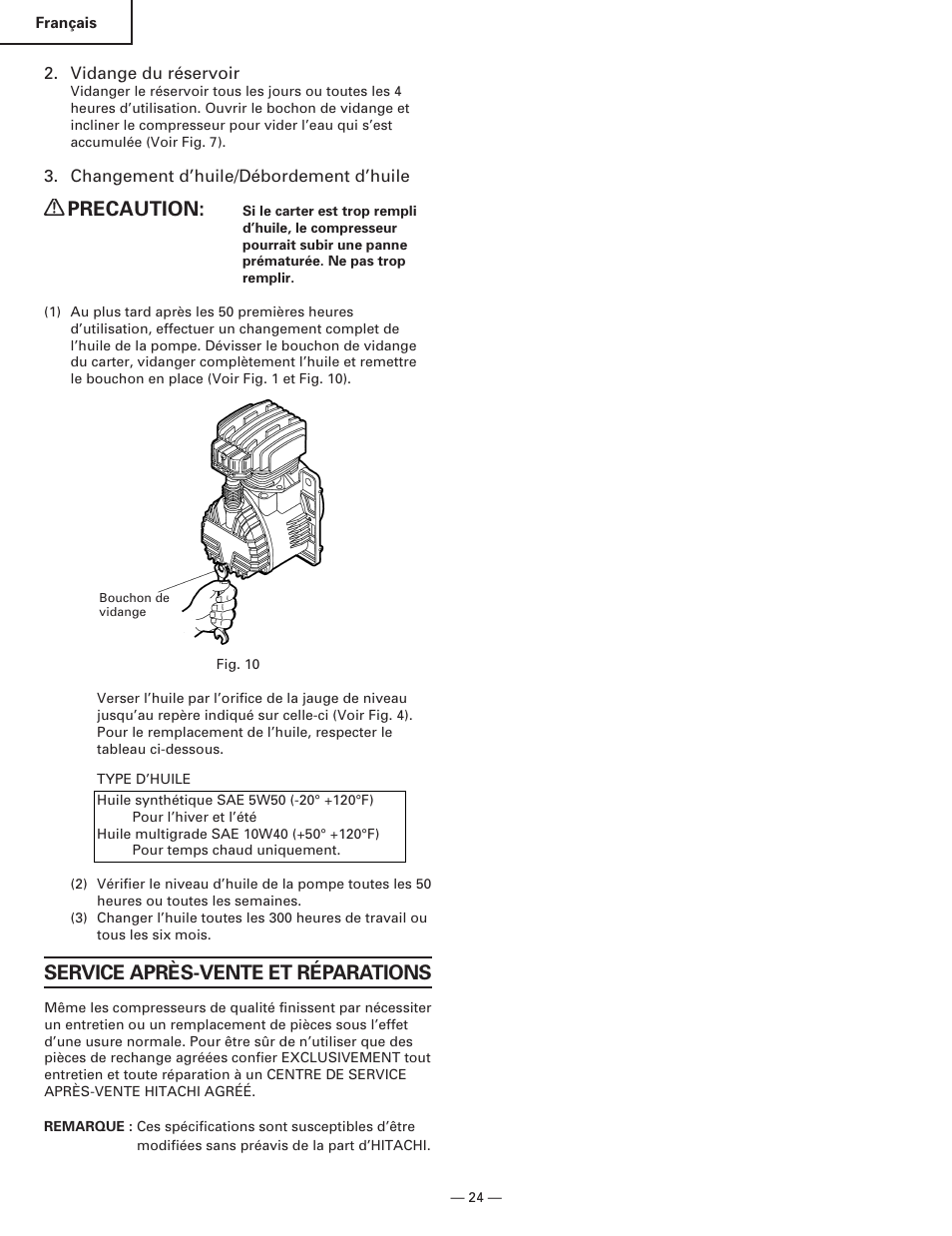 Service après-vente et réparations, Precaution | Hitachi EC119 OM User Manual | Page 24 / 40