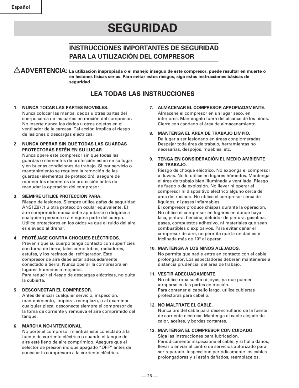 Seguridad, Lea todas las instrucciones | Hitachi EC119 OM User Manual | Page 26 / 40
