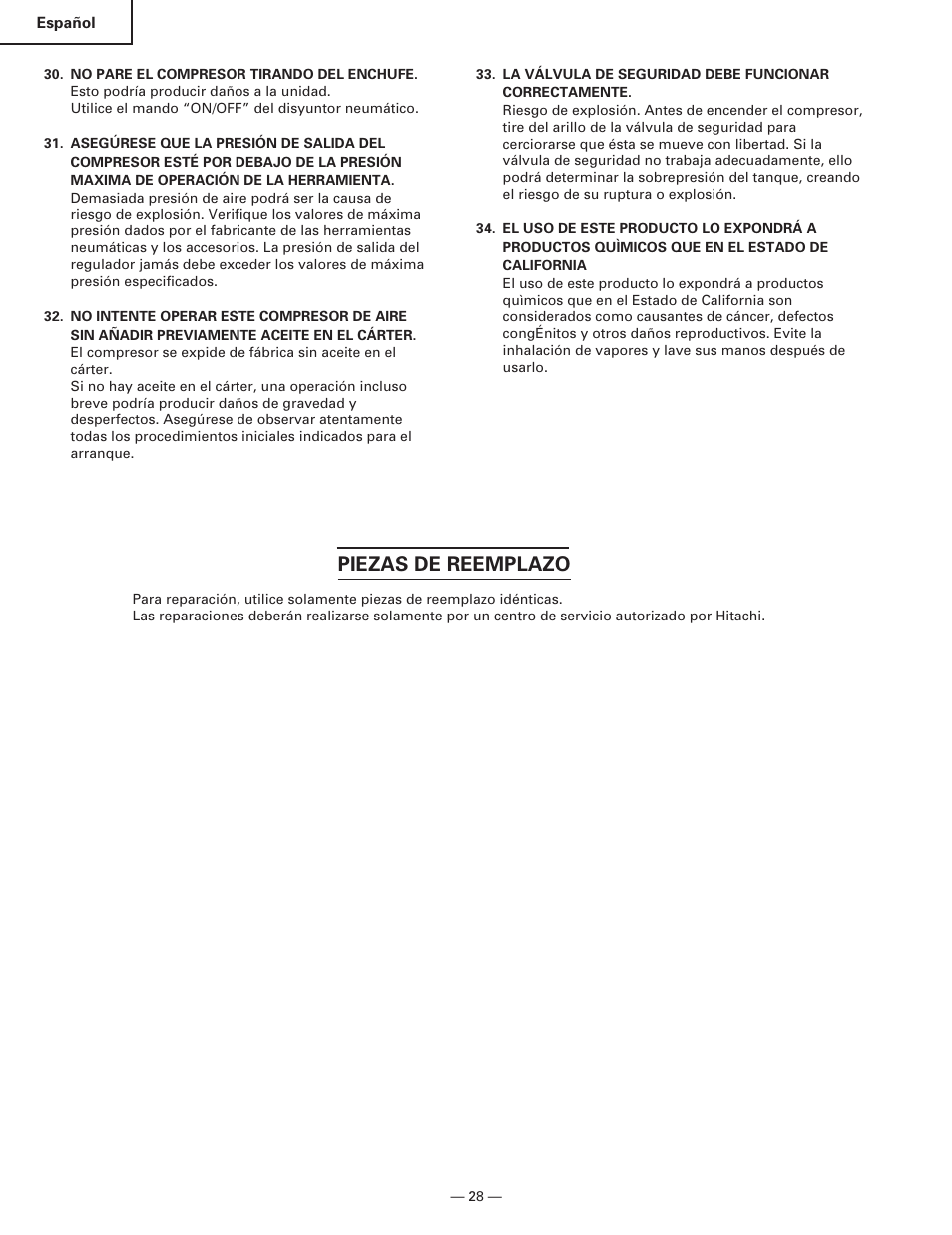 Piezas de reemplazo | Hitachi EC119 OM User Manual | Page 28 / 40